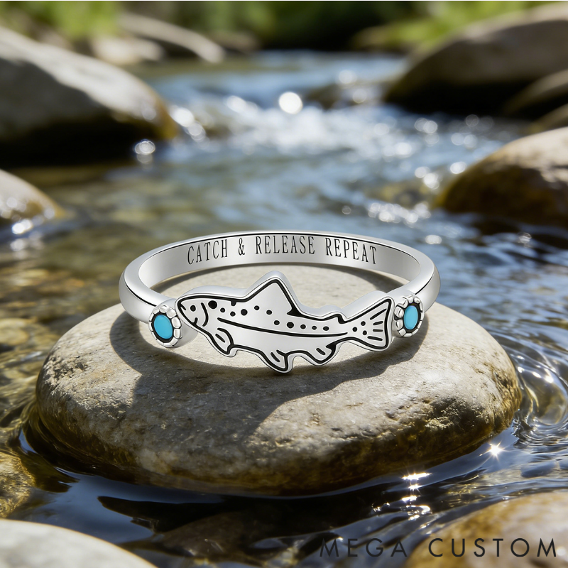 Personalized Sterling Silver Vintage Turquoise Trout Ring Custom Engraved Text