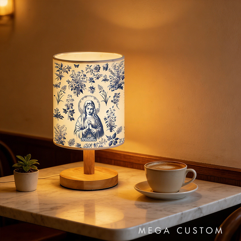 Personalized Catholic Virgin Mary Toile Fabric Lamp with Custom Name Our Lady Vintage Floral Home Decor Table Lamp Catholic Gift for her