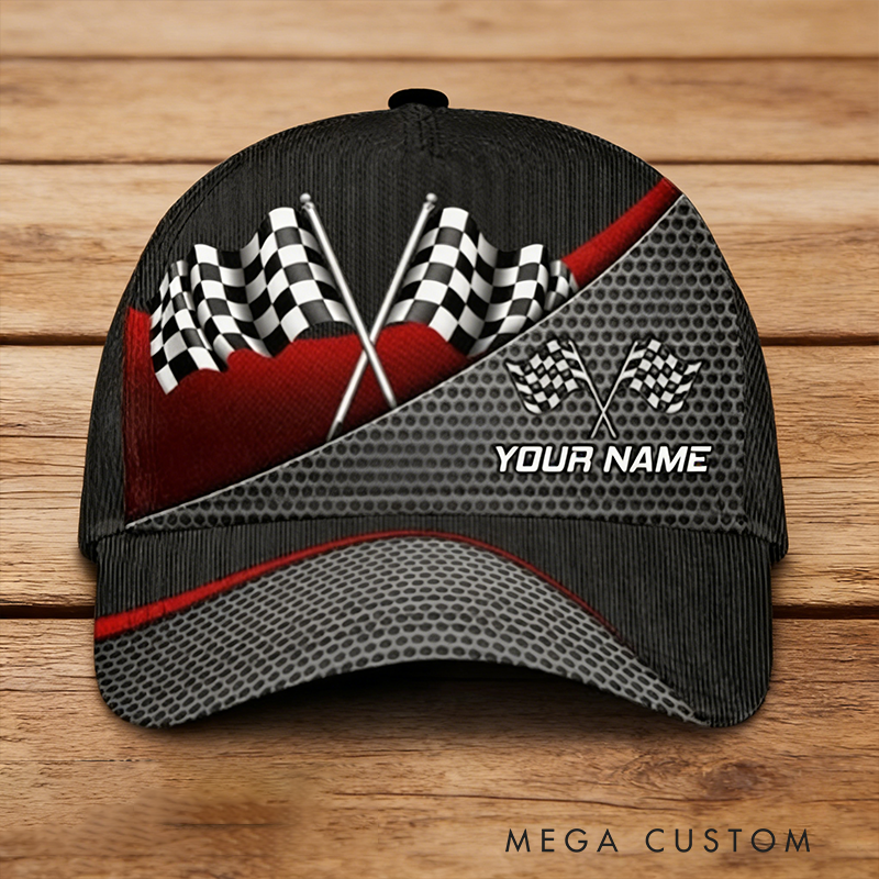 Personalized Racing Gifts Custom Name Full Print Checkered Flag Cap Racer Baseball Hat Motorsport Gift for Racing Lovers Men and Women