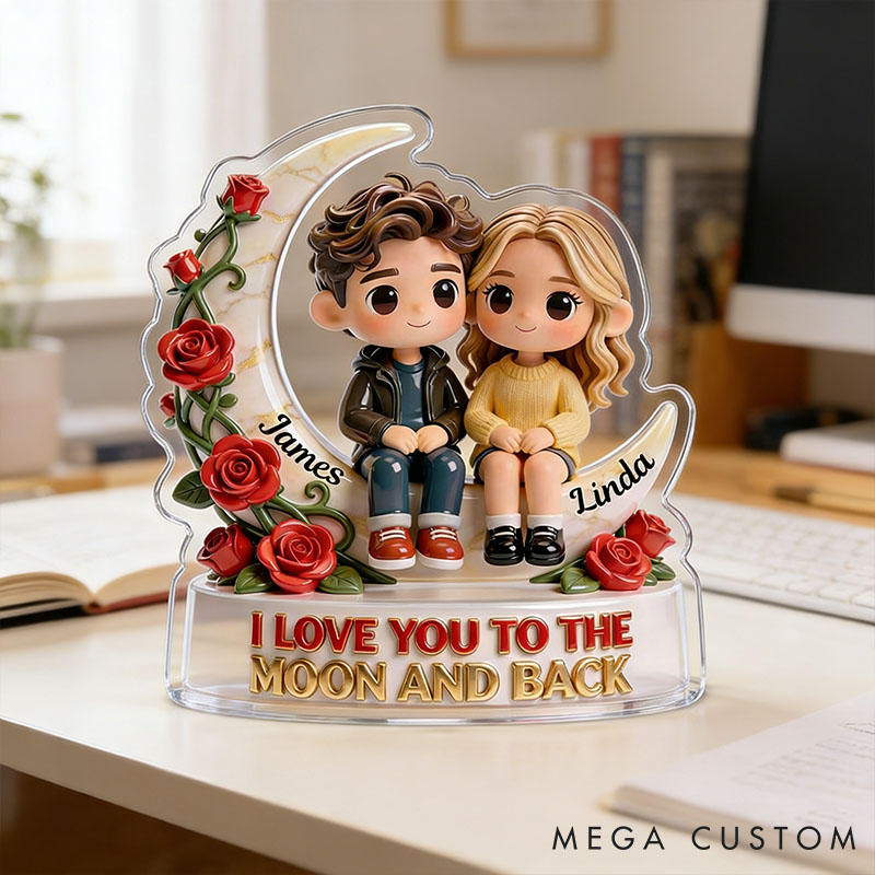 Personalized Couple Custom Shaped Acrylic Plaque I Love You To The Moon And Back Custom 2D Flat Acrylic with Couple Photo Anniversary Gift