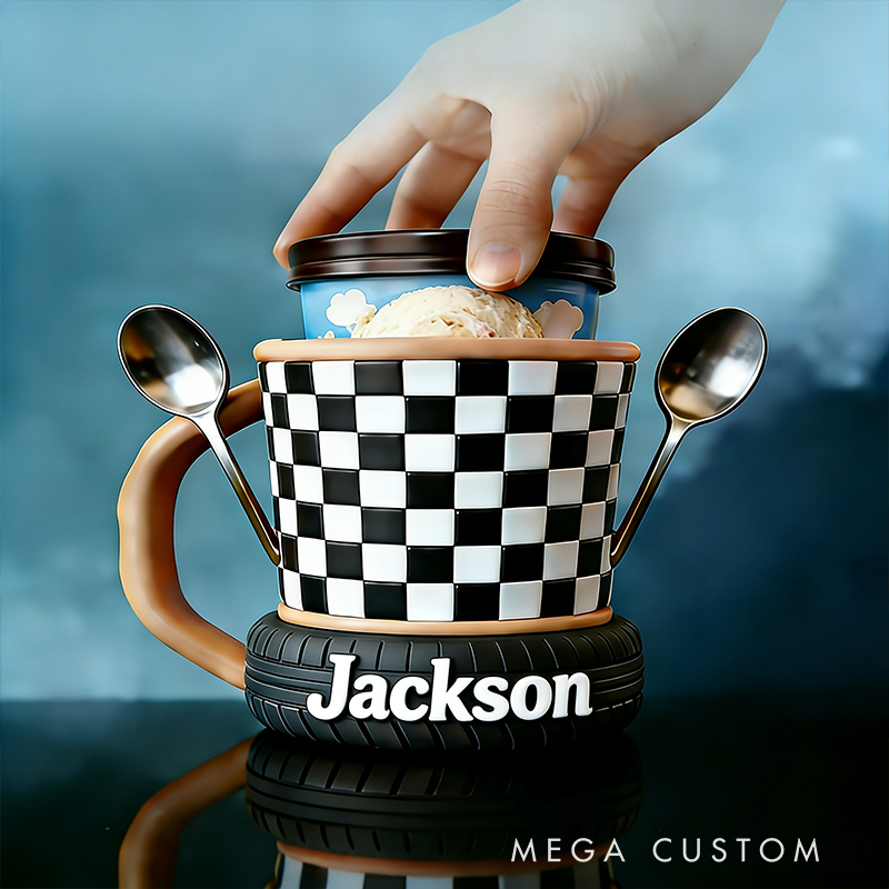 Personalized Ice Cream Lover Gifts Custom Name Checkered Pattern Ice Cream Pint Holder Racing Style Cup Holder for Dessert Fans
