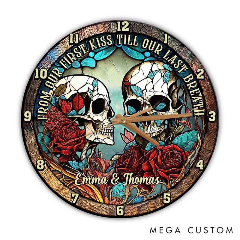 Personalized Skeleton Couple From Our First Kiss Till Our Last Breath Wall Clock Custom Retro Gothic Graphic 3D Printed Wall Clock Valentines Day Gift