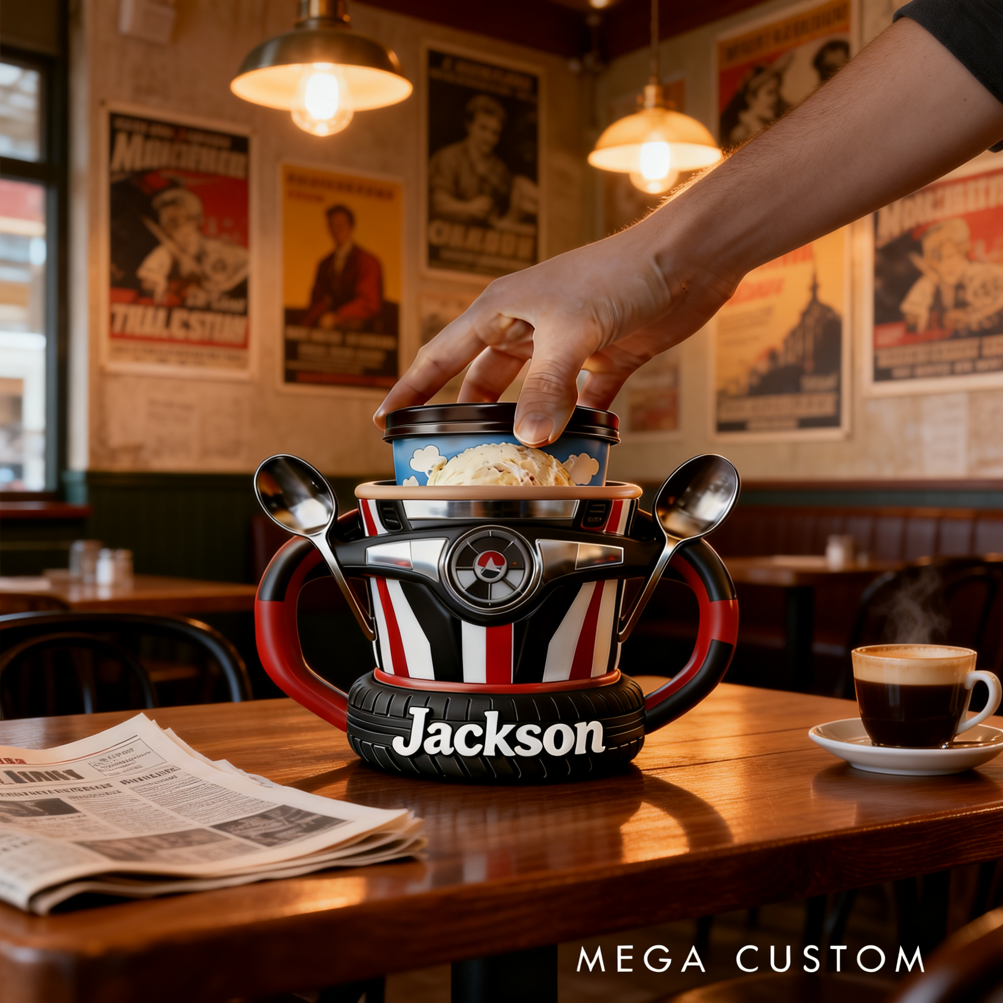 Personalized Racing Gifts Custom Name Ice Cream Pint Holder Racing Theme Dessert Cup Holder for Car Lovers and Ice Cream Fans