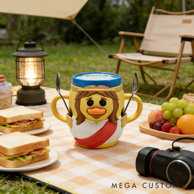 Personalized Jesus Duck Ice Cream Cozy Pint Holder 3D Printed with Spoon Slots Religious Gift for Jesus Lover Ice Cream Lover