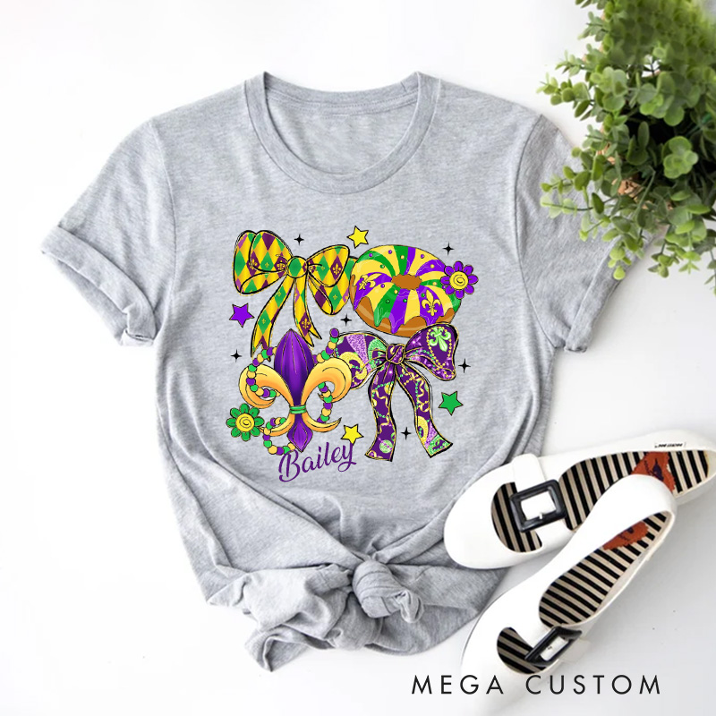 Personalized Mardi Gras Coquette Classic T-Shirts Preppy Bow King Cake Coquette Tee with Name Shirt for Donut Lover Baker Baking Lover