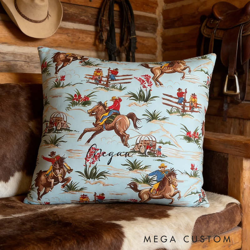 Personalized Equestrian Throw Pillow Wild West Cowboy Pillow Cover Bucking Broncs Cactus Wagon for Riding Lovers Equestrian Lovers
