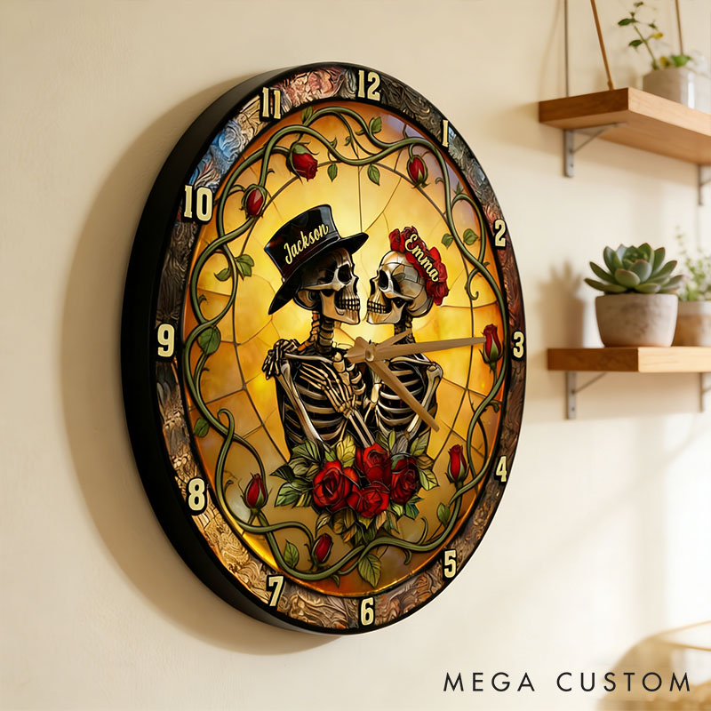 Personalized Skeleton Couple From Our First Kiss Till Our Last Breath Wall Clock Custom Gothic Rose Graphic 3D Printed Wall Clock Valentines Day Gift