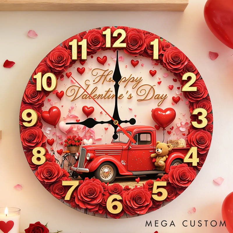 Personalized Couple Happy Valentine's Day Wall Clock Custom Vintage Red Truck with Rose and Bear Graphic 3D Printed Wall Clock Valentines Day Gift