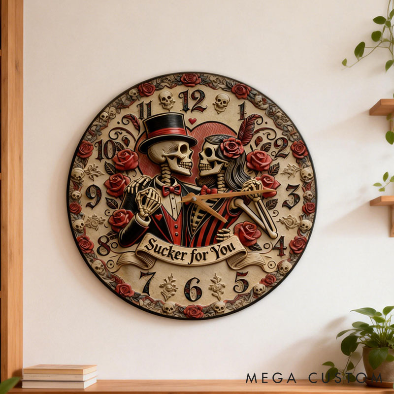 Personalized Skeleton Couple Sucker for You Wall Clock Custom Gothic Rose Graphic 3D Printed Wall Clock Anniversary Valentines Day Gift for Him Her