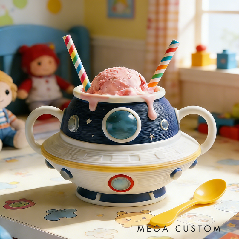 Personalized Flying Saucer Ice Cream Cup Holder 3D Printed with Dual Scoop Slots Heartwarming Children's Birthday Gift