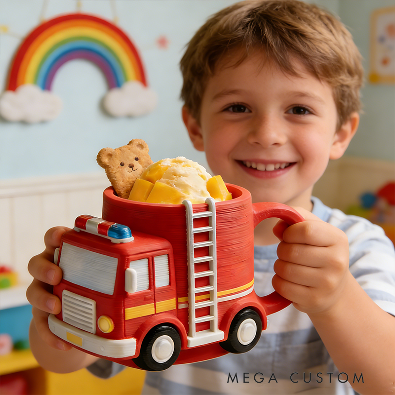 Personalized Fire Truck Ice Cream Cup Holder 3D Printed Slot Design Heartwarming Children's Birthday Gift