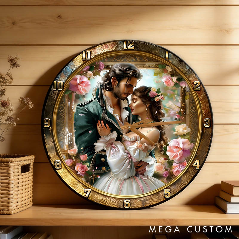 Personalized Couple Photo Romantic Floral Wall Clock Custom Court Style Watercolor Floral 3D Effect Wall Clock Anniversary Valentines Day Gift