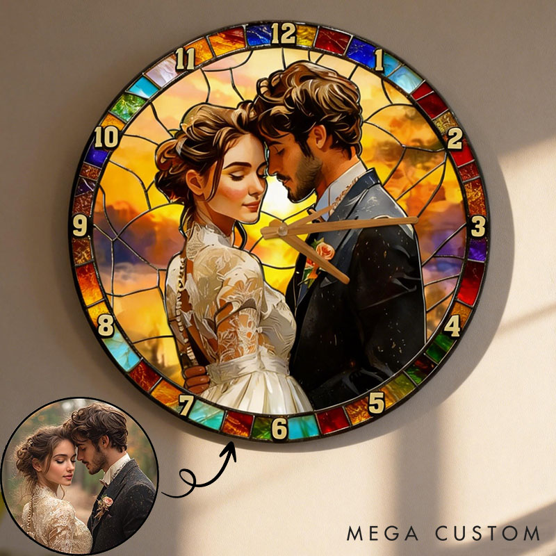 Personalized Couple Photo Stained Glass Design Wall Clock Custom Watercolor 3D Effect Wall Clock with Couple Photo Anniversary Valentines Day Gift