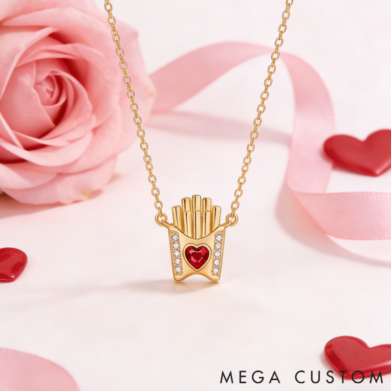 Personalized Fun Sterling Silver French Fries Pendant Necklace with Custom Birthstone