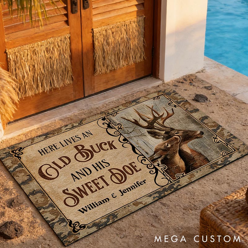 Personalized Deer Here Lives Old Buck Sweet Doe Doormat Custom Rustic Deer Couple Doormat Couple Holiday Anniversary Gift