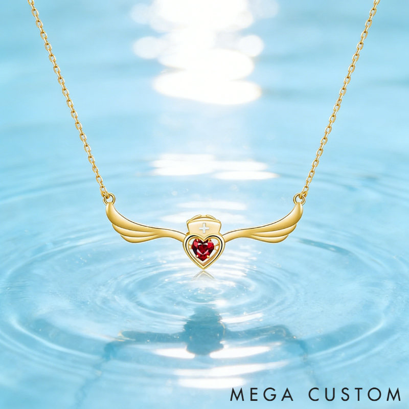 Personalized Sterling Silver Elegant Angel Wings Nurse Necklace with Custom Birthstone