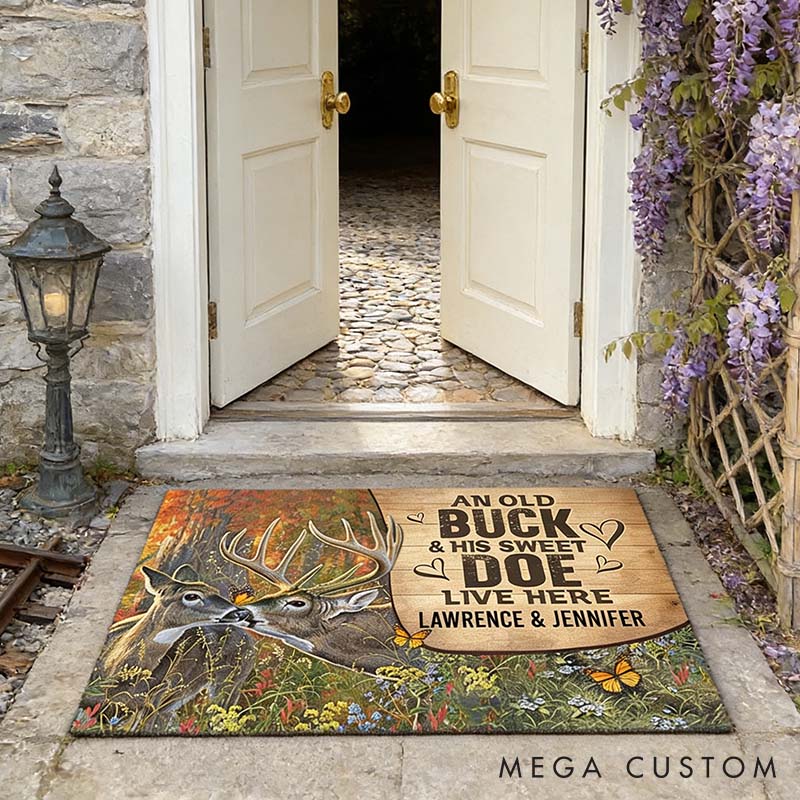 Personalized Rustic Deer Couple Doormat An Old Buck and His Sweet Doe Live Here Couple Anniversary Valentines Gift