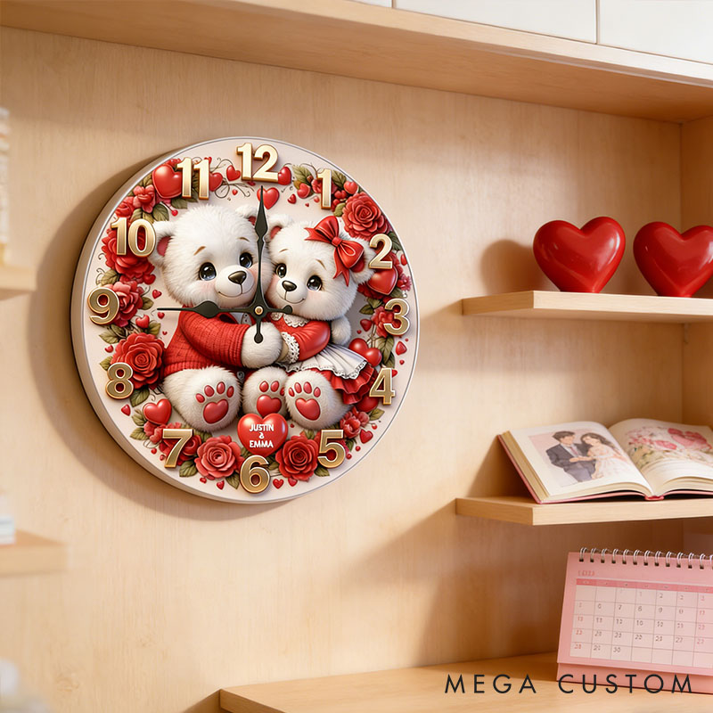 Personalized Bear Couple Happy Valentine's Day Wall Clock Custom Red Rose Bear with Heart 3D Effect Wall Clock Anniversary Valentines Day Gift