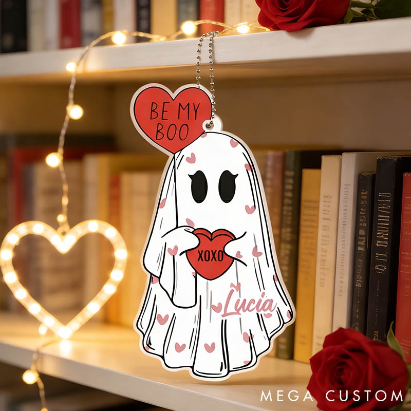 Personalized Couple Be My Boo Ghost Acrylic Ornament Custom Ghost Holding Hearts Car Ornament with Name Anniversary Valentine's Day Gift for Him Her
