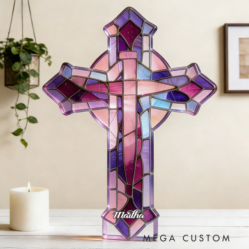 Personalized Stained Glass Cross Custom Shaped Acrylic Plaque with Custom Name Religious Gift Prayer Gift for Christians