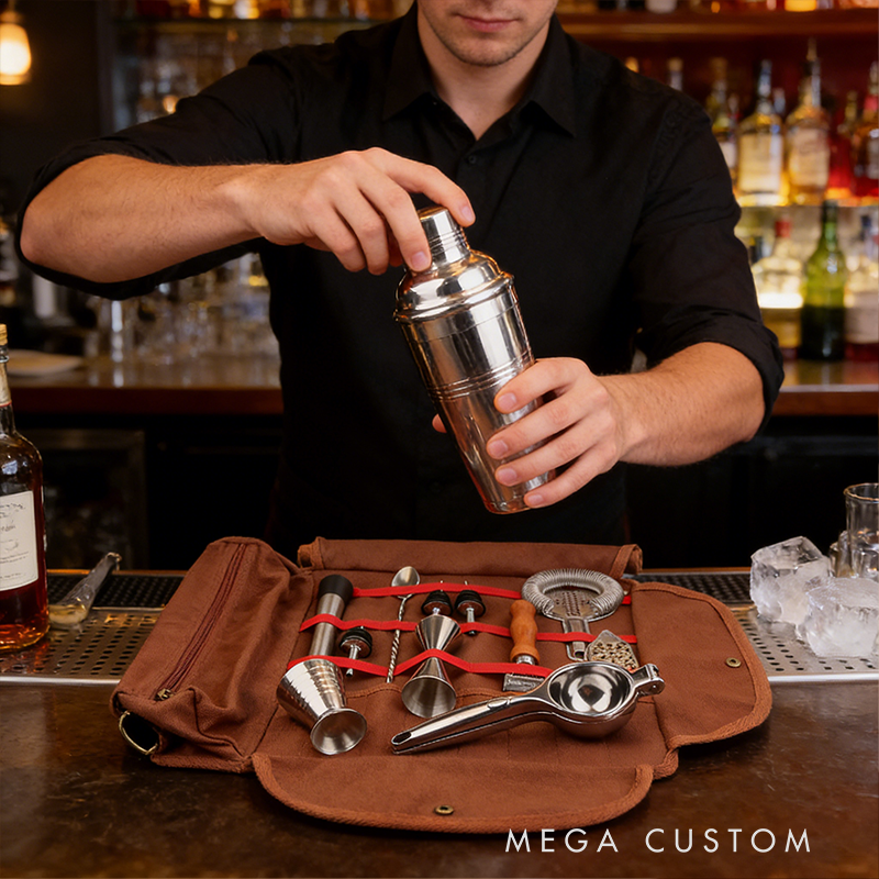 Personalized Premium Roll-Up Bartender Kit – Leatherette Travel Cocktail Tool Set with Stainless Steel Accessories