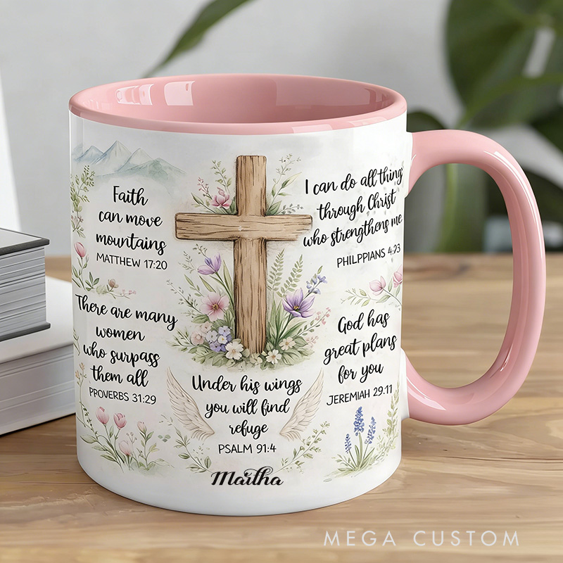 Personalized Floral Cross Bible Verse 11oz Ceramic Mug with Custom Name Religious Coffee Mug Christian Gift Faith Quote Gift