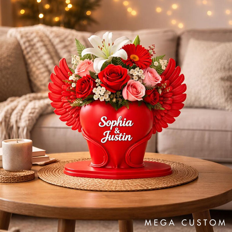 Personalized Valentine's Day Heart with Wings Flower Vase Custom Couple 3D Printed Red Heart Flower Vase with Text Valentine's Day Anniversary Gift
