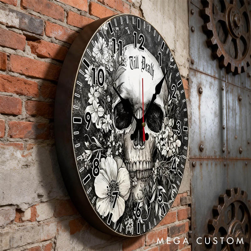 Personalized Man Skull Floral Till Death Wall Clock Custom Boyfriend Husband Gothic Style Graphic 3D Printed Wall Clock Valentines Day Gift for Him