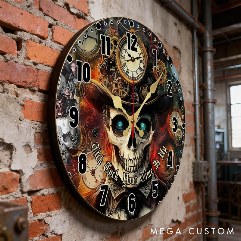 Personalized Man Skull Tick Tock Your Time Is Up Wall Clock Custom Boyfriend Husband Gothic Graphic 3D Printed Wall Clock Valentines Day Gift for Him