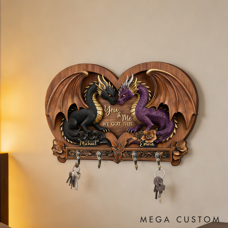 Personalized You and Me We Got This Dragon Couple Wooden Key Rack Custom Graphic 3D Printed Effect Key Hanger Anniversary Valentines Day Gift