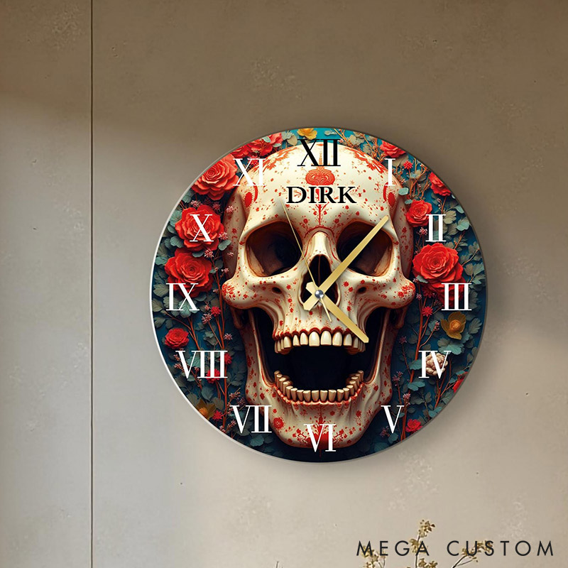 Personalized Gothic Skull and Roses Wall Clock Gothic Living Room Home Wall Decor Bold and Unique Decor for Husband Anniversary Gift