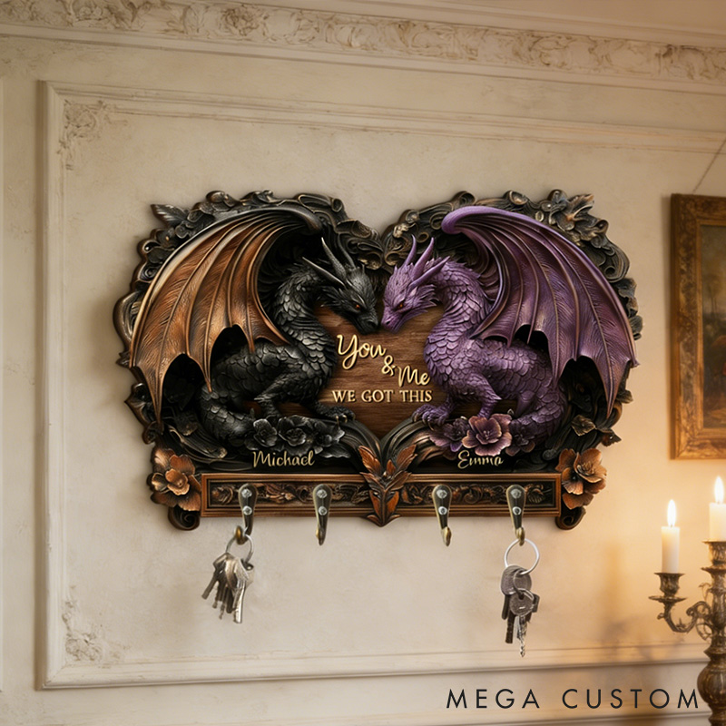 Personalized You and Me We Got This Dragon Couple Wooden Key Rack Custom Graphic 3D Printed Effect Key Hanger Anniversary Valentines Day Gift