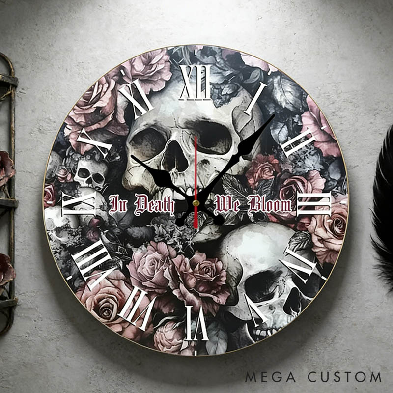 Personalized Couple Skull and Rose In Death We Bloom Wall Clock Custom Gothic Style Graphic 3D Printed Wall Clock Anniversary Gift Valentines Day Gift