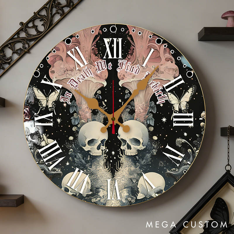 Personalized Couple Skull Butterfly In Death We Find Rebirth Wall Clock Custom Gothic Style Graphic 3D Printed Clock Anniversary Valentines Day Gift