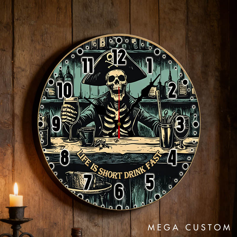 Personalized Man Skull Life Is Short Drink Fast Wall Clock Custom Gothic Style Pirate Skeleton 3D Effect Clock Anniversary Valentines Day Gift for Him