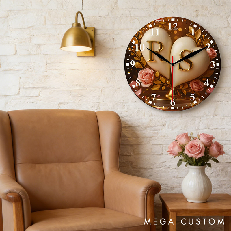 Personalized Couple Two Intertwined Hearts with Pink Rose Wall Clock Custom Romantic Golden 3D Effect Name Wall Clock Anniversary Valentines Day Gift