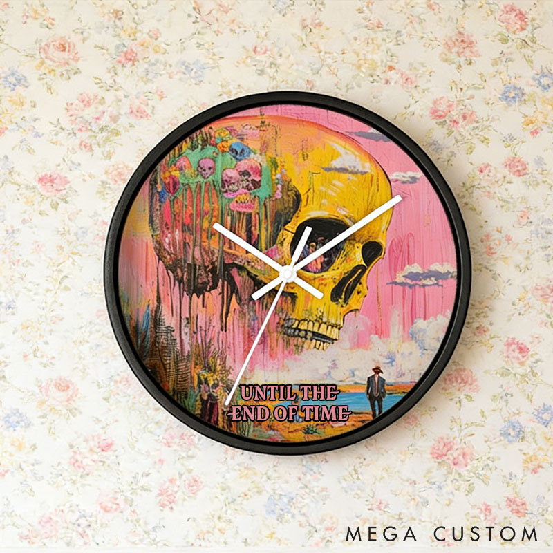 Personalized Psychedelic Pastel Skull Wall Clock Until the End of Time Artistic Skull Wall Clock for Husband Wife Gothic Home Decor Wall Clock