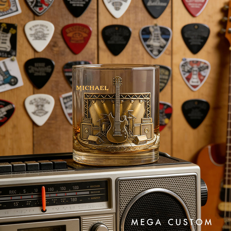 Personalized Electric Guitar Whiskey Glass Custom Name Whiskey Glass Engraved Glasses Gift Guitarist Birthday Concert Holiday Gift