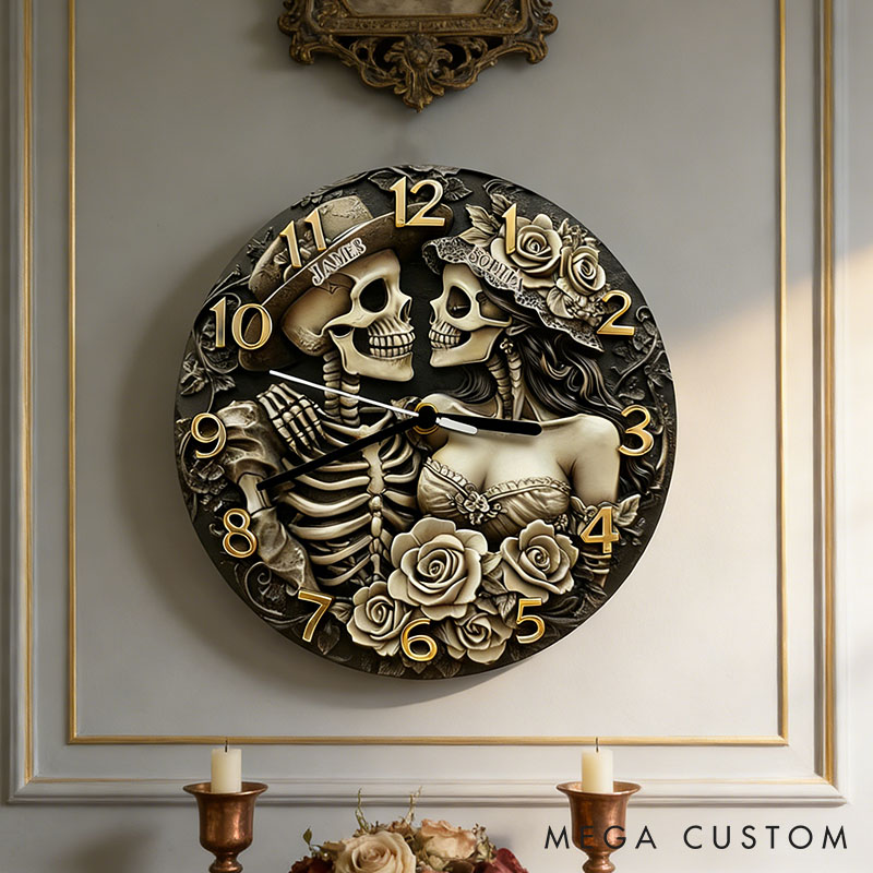 Personalized Skeleton Couple Till Death Do Us Part Wall Clock Custom Retro Gothic Style 3D Effect Wall Clock Anniversary Gift Valentine's Day Gift