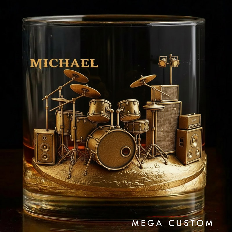 Personalized Drum Set Whiskey Glass Custom Name Whiskey Glass Engraved Glasses Gift Drummer Birthday Concert Holiday Gift