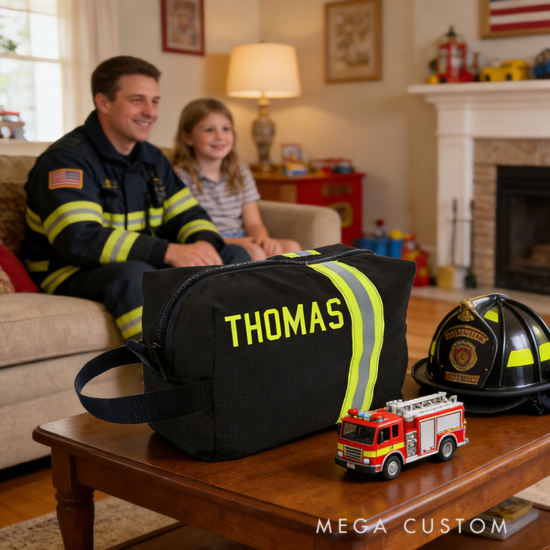 Personalized Custom Firefighter Gear Bag - Personalized Name Hi-Vis Reflective Strip Organizer Durable Fire-Resistant Toiletry/Tool Pouch for First Responders, On-Duty Use & Travel