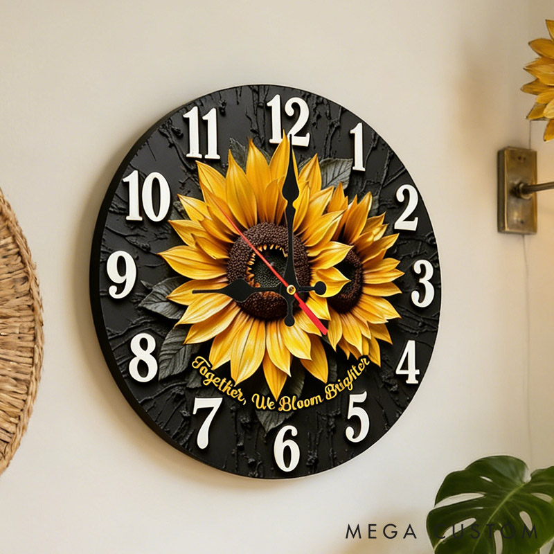 Personalized Couple Sunflower Together We Bloom Brighter Wall Clock Custom 3D Effect Wall Clock Anniversary Gift Valentine's Day Gift for Him Her