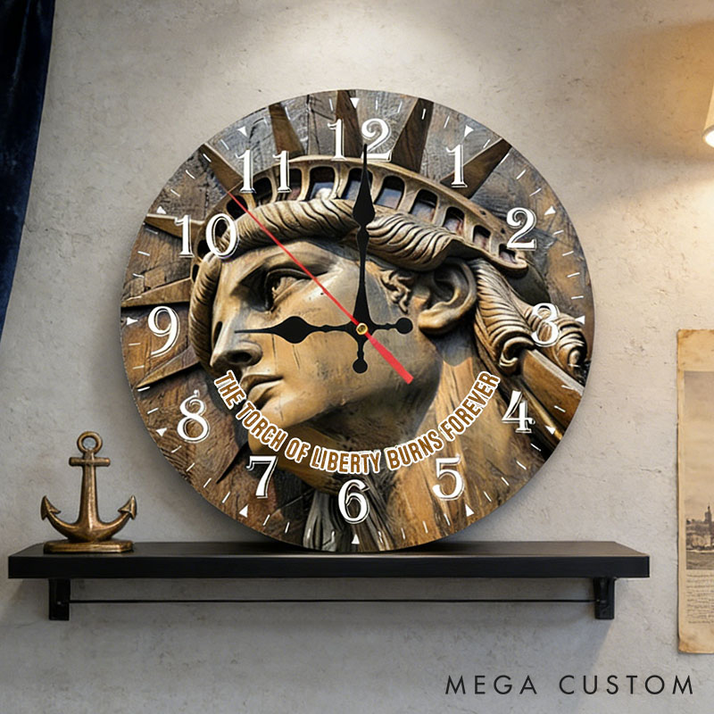 Personalized Man Woman The Torch of Liberty Burns Forever Wall Clock Custom 3D Effect Clock Independence Day Gift Valentine's Day Gift for Him Her