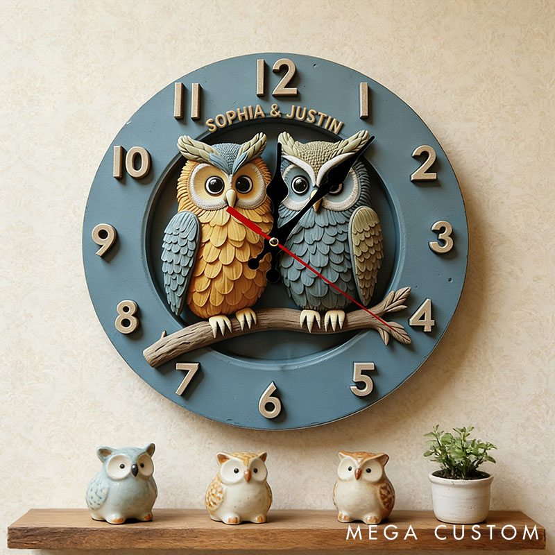 Personalized Owl Couple Wall Clock Custom Romantic Owl Couple on a Branch 3D Effect Clock with Name Anniversary Gift Valentine's Day Gift for Him Her