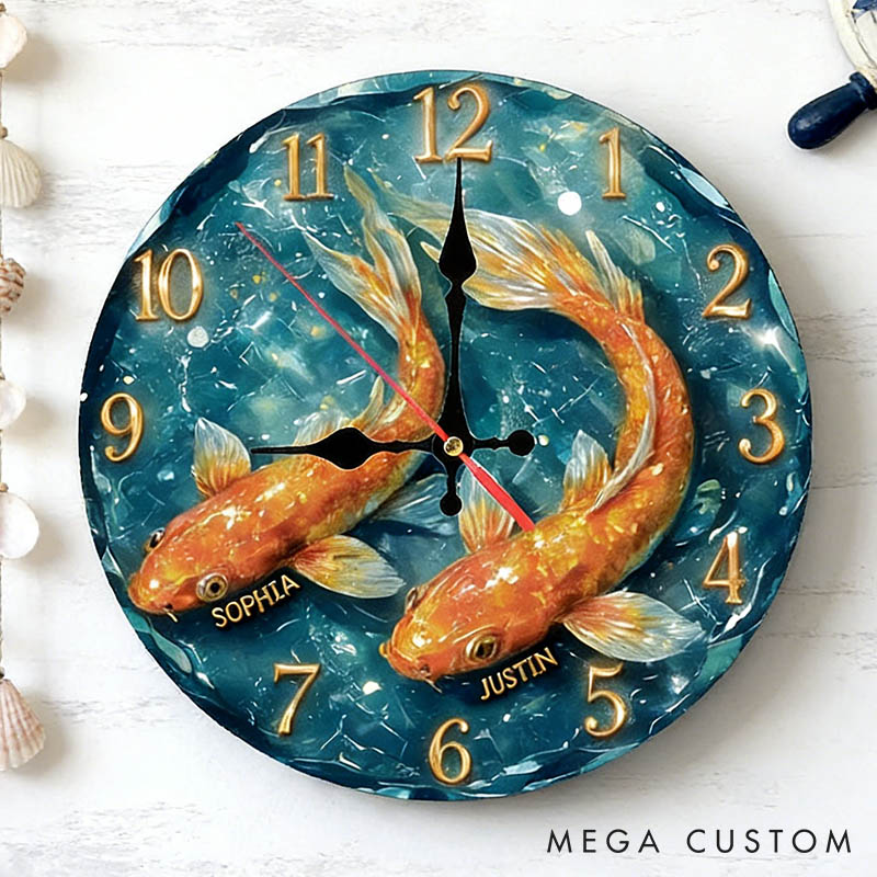 Personalized Koi Fish Couple Wall Clock Custom Romantic Koi Fish Couple Swimming Together 3D Effect Clock Anniversary Valentine's Day Gift for Him Her