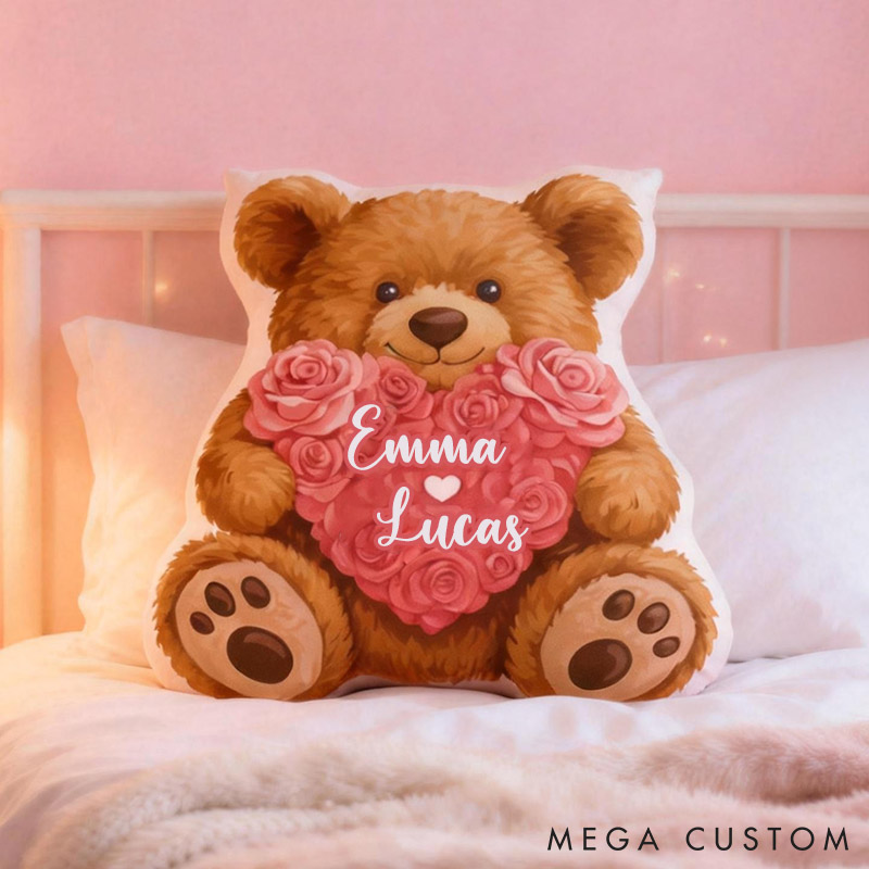 Personalized Teddy Bear Shape Pillow Custom Name Romantic Anniversary Cushion Decor Pillow Valentine Gift for Her