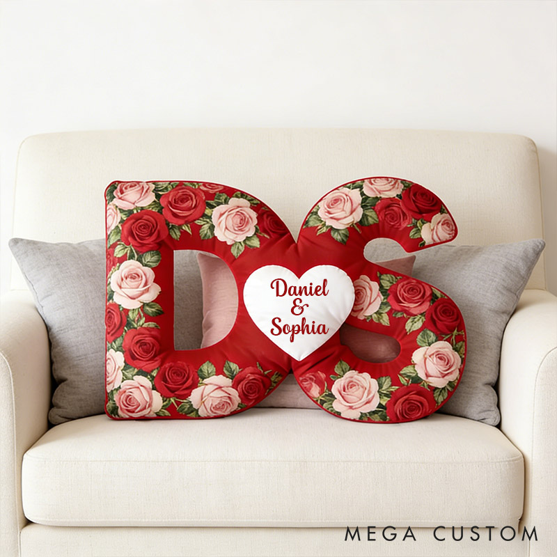 Personalized Initial Heart Pillow Romantic Rose Design Throw Pillow for Wife Girlfriend Valentines Gift for Her