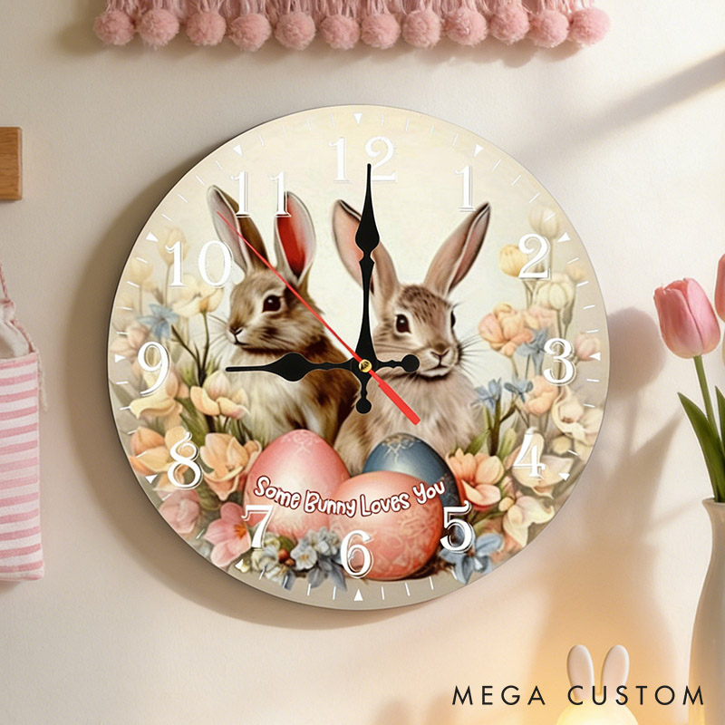 Personalized Couple Some Bunny Loves You Wall Clock Custom Easter Floral Bunny with Eggs Wall Clock with Text Easter Gift for Him Her Anniversary Gift