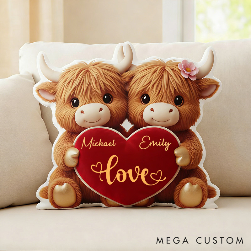 Personalized Highland Cow Couple Pillow Custom Adorable Love Throw Pillow 3D Graphic 2D Flat Pillow for Couple Wife Valentine's Gift