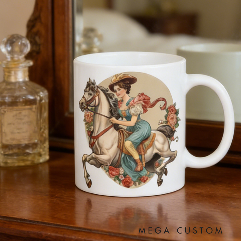 Personalized Couple Mug Victorian Equestrian Art Coffee Mug for Riding Lovers